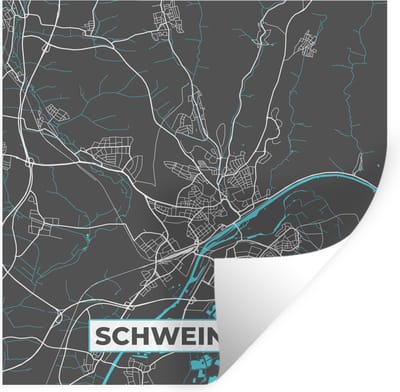 Muurstickers - Sticker Folie - Duitsland – Blauw – Schweinfurt – Stadskaart – Kaart – Plattegrond - 100x100 cm - Plakfolie - Muurstickers Kinderkamer - Zelfklevend Behang XXL - Zelfklevend behangpapier - Stickerfolie