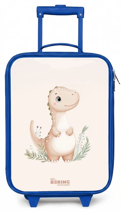 NoBoringSuitcases.com® - Kinderkoffer blauw - Kindertrolley jongen - Beige dinosaurus met groene blaadjes - Koffer kind lichtgewicht - Reiskoffer trolley voor kinderen - Koffertje met lichtgevende wieltjes - Rolkoffer