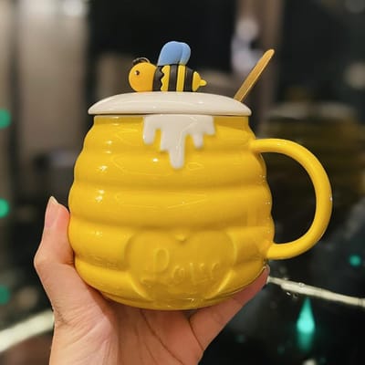 Tasse en Céramique Abeille pour Filles à Haut Niveau d'Apparence avec Couvercle et Cuillère Ménage Eau Potable Étudiant Petit-Déjeuner Lait Gruau Tasse à Gros Ventre
