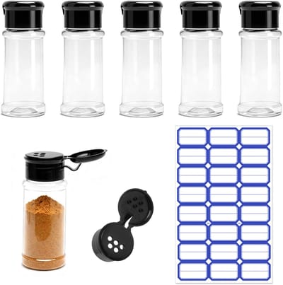 Famanu - Kruidenpotjes, bevat 1 etikettensticker, 100 ml kruidenstrooier, kunststof kruidenpotje, transparante kruidenpotje, kruidenorganizer voor keuken, lade, kruidenrek, camping