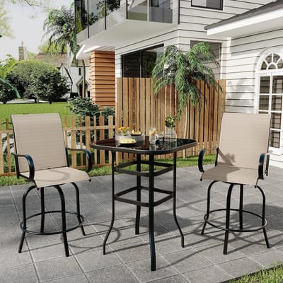 Set van 2 360° draaibare barkrukken voor op het terras - Buitenstoelen met hoge rugleuning en armleuningen op barhoogte - Weerbestendig metalen frame voor terras, gazon en tuin - 123 × 64 × 64 cm - Bruin