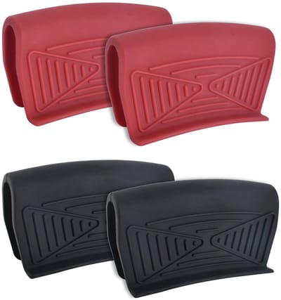 Siliconen pannenlappen, 4 stuks, pannenlappen voor pannen, siliconen handvat, hittebestendig, voor hete pannen, platen, bakvormen (zwart, rood)