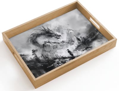 Dienblad hout 40x30 cm - Schootdienblad - Krijger - Draak - Grijs - Borrelplank rechthoek - Plateau dienbladen