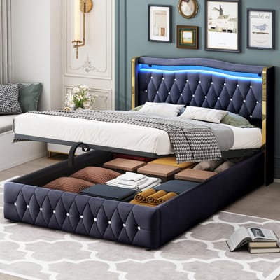 VVBV Gestoffeerd Opbergbed 140x200 cm met Voor Hal/Entree, LED-Verlichting - Hydraulische Opbergruimte - Fluweel Zwart