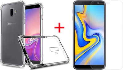 HB Hoesje Geschikt voor Samsung Galaxy J6 Plus - Anti Shock Hybrid Back Cover + Tempered Glazen Screenprotector - Transparant