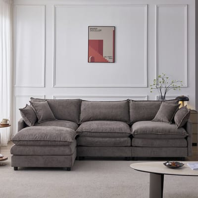 BLACKCOLORS Modulaire hoekbank van chenille – 3-zits met chaise longue & poef , Comfortabele L-bank voor kleine woningen, woonkamer & lounge , Ademend zitcomfort voor het hele gezin (Dit artikelnummer komt overeen met W3915S00002)