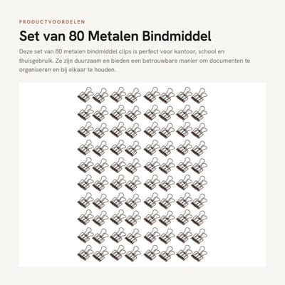 Dailygoods- Bindmiddel Clips 80 Stuks - Metalen Bindclips - Duurzaam Metaal - Kleine Holle Staart Clips - Kantoor/School Gebruik - Sterke Klemming - Papierclips