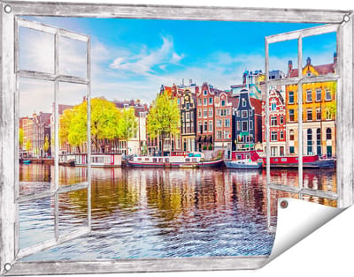 Gards Tuinposter Doorkijk Amsterdamse Huisjes aan het Water - 90x60 cm - Tuindoek - Tuindecoratie - Wanddecoratie buiten - Tuinschilderij