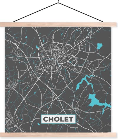 Posterhanger incl. Poster 40x40 cm - Schoolplaat - Cholet - Frankrijk - Plattegrond - Kaart - Stadskaart - Textielposter - Blanke latten - Stadskaart