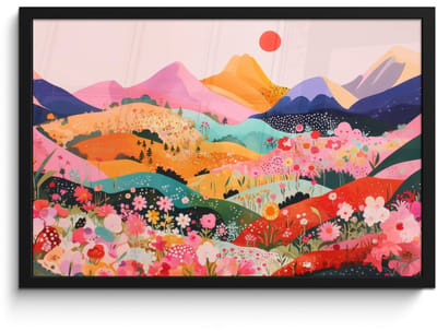 Poster in lijst - Fotolijst 60x40 cm - Posters - Kleurrijke bloemen - Bergen - Fantasielandschap - Posterlijst zwart - Decoratie - Wanddecoratie woonkamer - Muurdecoratie slaapkamer