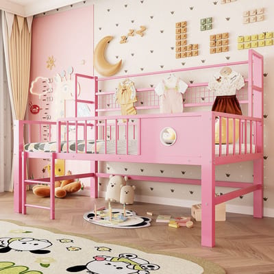 VVBV Laag Hoogslaper met Planken 90x200 cm - Voor Kinderen/Tieners - Metaal Roze
