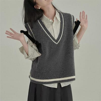 College Stijl Losgebreid Vest voor Dames In Herfst V-hals Gelaagde Pullover Trui Vest voor Dames One size