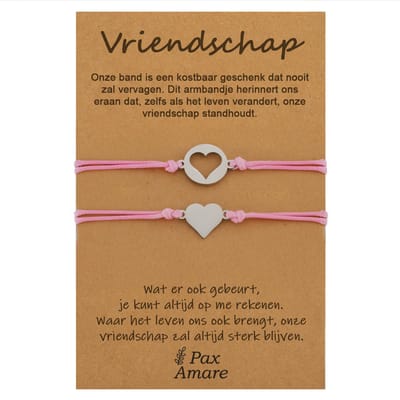 Vriendschapsarmbandjes voor 2 "Vriendschap" - Hartjes - BFF Armbandjes met Cadeau Kaartje - Zilverkleurig & Roze - Elastisch Verstelbaar - Pax Amare