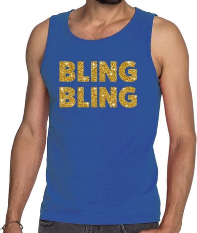 Bling Bling glitter tekst tanktop / mouwloos shirt blauw heren - heren singlet Bling Bling S