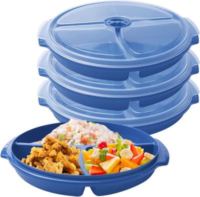 SnelShoppen - Set van 3 Magnetron Borden met Deksel, BPA-vrij, Herbruikbaar en Magnetronveilig, Versdoos met 3 Compartimenten, Donkerblauw voor Keuken