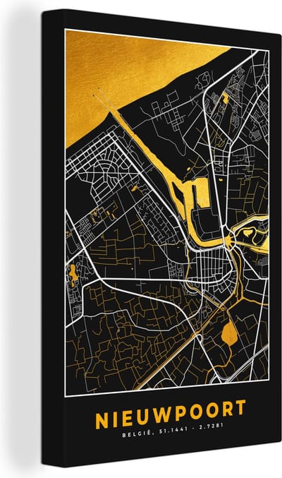 Canvas Schilderij Kaart - Stadskaart - Plattegrond - Nieuwpoort - Goud - 20x30 cm - Wanddecoratie