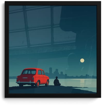 Poster in lijst - Fotolijst 40x40 cm - Posters - Auto - Volle maan - Uitkijkend over water - Posterlijst zwart - Decoratie - Wanddecoratie woonkamer - Muurdecoratie slaapkamer