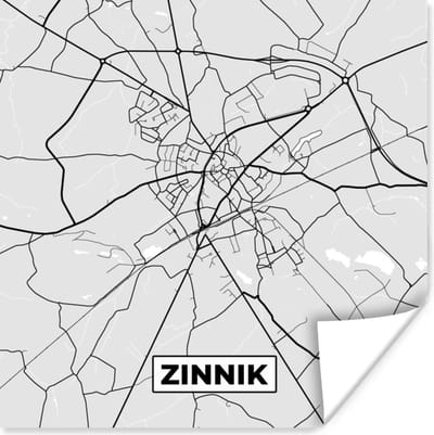 Poster Plattegrond – Zinnik – Zwart Wit – Stadskaart - Kaart - 100x100 cm XXL
