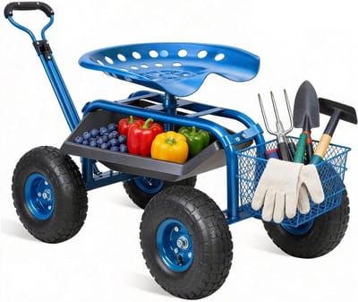 Tuinwagen Werkstoel - Rollende Kruk - Tuinonderhoud Zitten - In hoogte verstelbaar - 300 lbs Draagkracht - Blauw