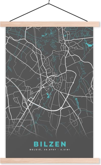 Posterhanger incl. Poster 40x60 cm - Schoolplaat - Kaart – Plattegrond – Stadskaart – Bilzen – België - Grijs - Textielposter - Blanke latten - Stadskaart