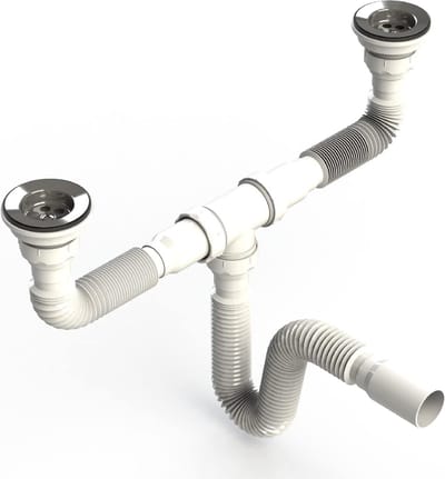 Dubbele sifon, met flexibele slang, dubbele aansluiting, gootsteen, keukenspoelbak, afvoergarnituur, dubbele spoelbak, wastafel, gootsteen, sanitair