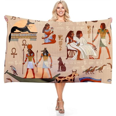 Serviette de plage rectangulaire moderne rétro colorée à motif de fresque égyptienne, impression numérique, serviette de salle de bain en microfibre absorbante à séchage rapide pour femmes 50x100cm(20x40in)