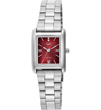 Q&Q C69A-002PY - Horloge - Polshorloge - Analoog - Dames - Vrouwen - Stalen band - Rechthoek - Metaal - Streepjes - Romeinse Cijfers - Zilverkleurig - Rood