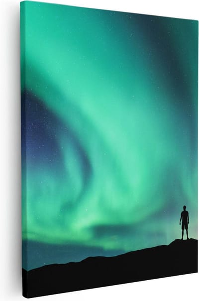 Artaza Canvas Schilderij Man In Noorderlicht - 40x50 cm - Wanddecoratie Landschap - Muurdecoratie Natuur - Kamer Accessoires Sterren
