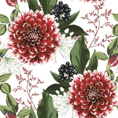 40 Servetten - Dahlia - Jeneverbes - Blad - Burgundy Dahlia Flowers - Op een witte achtergrond - Rood - Groen - Zwart - 33 x 33 cm - 3-Laags - Maki