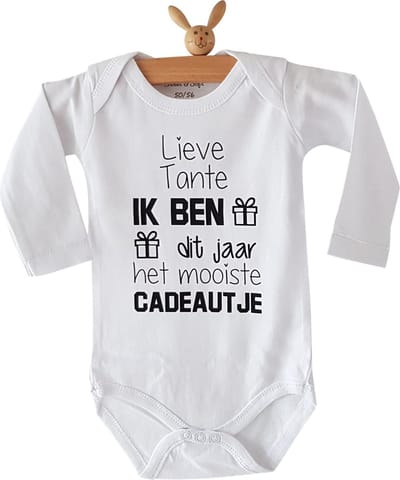 Rompertje met tekst Lieve tante Ik ben dit jaar het mooiste cadeautje | lange mouw | wit zwart | maat 50-56 bekendmaking zwangerschap aanstaande baby jongen meisje unisex