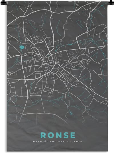 Wandkleed - Wanddoek - België – Ronse – Stadskaart – Kaart – Blauw – Plattegrond - 120x180 cm - Wandtapijt