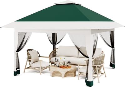 Partytent met 4 Mesh Zijwanden - 360x360x300cm - Waterafstotend Paviljoen met Muggennet - Pop-up - Geventileerd Dak - Draagtas op Wieltjes - Voor Tuin Terras Feest - Donkergroen