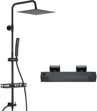 Auralum max Regendouche met Thermostaatkraan - Zwart Doucheset - 10 inch Douchekop - Regendoucheset - Inclusief Plankje en Thermostatische Mengkraan - Verstelbare Hoogte 72-110 cm - Waterbesparend - Zwart