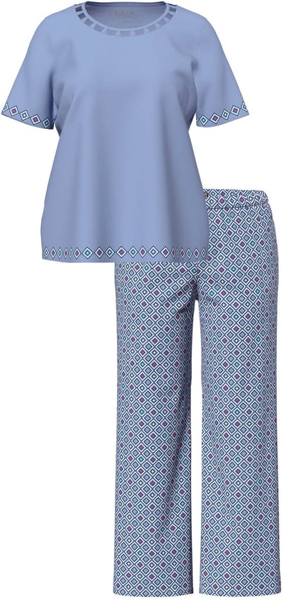 Ulla Popken - Dames - Pyjama uitgesneden rand ronde hals korte mouw - Duifblauw - Maat 42+