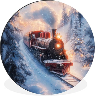 WallCircle - Wandcirkel - Muurcirkel - Kersttrein - Sneeuw - Winter - Kerst - Aluminium - Dibond - 30x30 cm - Binnen en Buiten