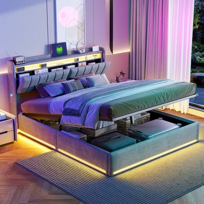 Grijs Fluwelen Bed 160x200 cm met LED USB en Opbergruimte Hydraulisch Tweepersoonsbed met Hoofdbord