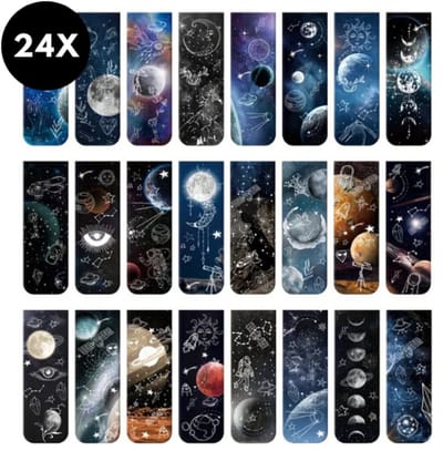 Ultiluxe® Magnetische boekenleggers - 24 stuks - Maan/sterren - Melkweg/universum - Bladwijzers voor boeken - Marmeren magneten met pagina clip - 24-delige set - Bookmark markers - Markeerders - Boeken lezen
