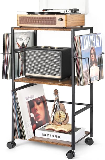 SNJY® Platenspeler Meubel - Platenspeler Kast - LP Houder - Platenhouder - 30D x 42B x 74H cm - Bruin/Zwart