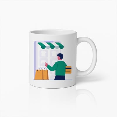 Online Winkelen en E-commerce Beker – Moderne Digitale Koper Illustratie – Ideaal Cadeau voor Winkelliefhebbers & Techfans – Keramische Koffiemok