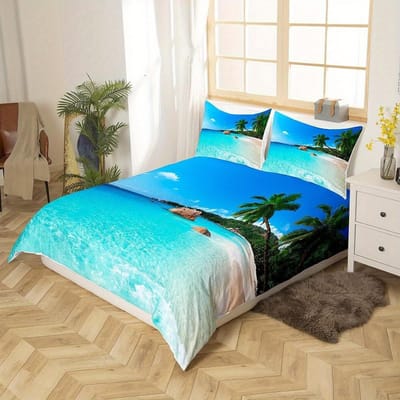 2/3-delige Dekbedovertrekset met Strand- en Zeezichtprint, Landschap Beddengoedset voor Slaapkamerdecoratie Eu Double200x200cm