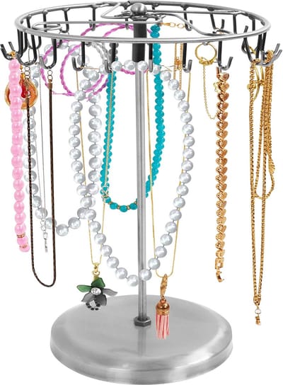 Dailygoody - Zilver Metalen Roterende Sieraden Houder - Hang Organizer Toren Rek - 23 Haken - 34,8 x 20,5 cm - Perfecte Organisatie - Geschikt voor Da...