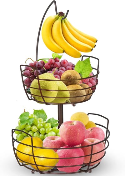 Famanu – Fruitschaal 2 verdiepingen met bananenhouder – metalen etagère (brons)