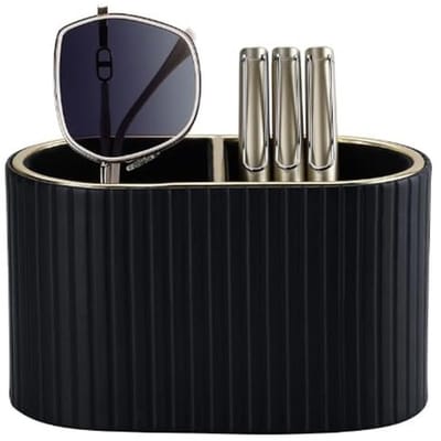 Dailygoods - Pennenorganizer, ovale pennenhouder, bureau, pennendoos met 2 vakken, PU-leer, bureauorganizer, pennen voor kantoor, school, thuis (zwart)