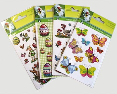 Decoratie stickers | 4 velletjes = 52 stuks | bloem, ei, eend, konijn, kuiken, vlinder | Pasen, voorjaar, lente