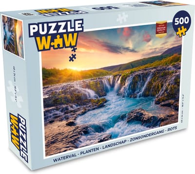 Puzzel Waterval - Planten - Mos - Landschap - Zonsondergang - Rots - Legpuzzel - Puzzel 500 stukjes