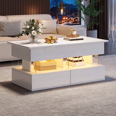 REDOM Hefbare salontafel 100 x 50 x 46 cm – hoogglans wit, MDF + acryl, 2 lades, verborgen opbergruimte en Bluetooth-LED
