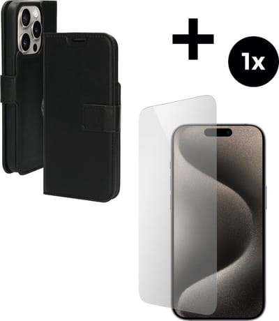 Mobiparts Classic Wallet hoesje geschikt voor Apple iPhone 15 Pro met 1 Screenprotector van Gehard Glas - Zwart