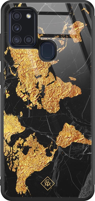 Casimoda® hoesje - Geschikt voor Samsung Galaxy A21s - Wereldkaart - Luxe Hard Case Zwart - Backcover telefoonhoesje - Goudkleurig