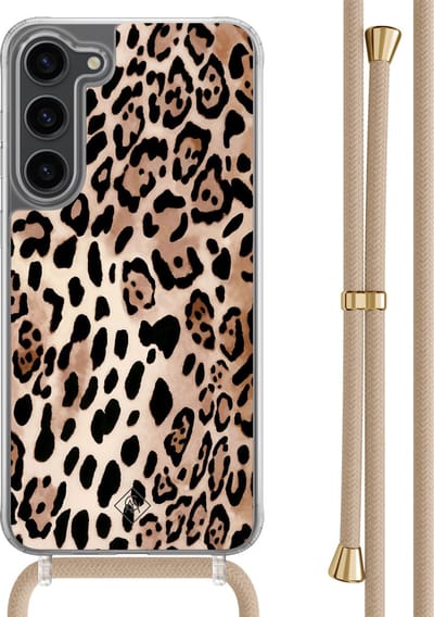 Casimoda® hoesje met beige koord - Geschikt voor Samsung S23 Plus - Luipaard print bruin - Afneembaar koord - TPU/polycarbonaat - Bruin/beige
