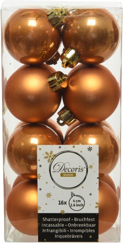 Decoris kleine kerstballen - 16x st - cognac bruin - 4 cm - kunststof - kerstversiering